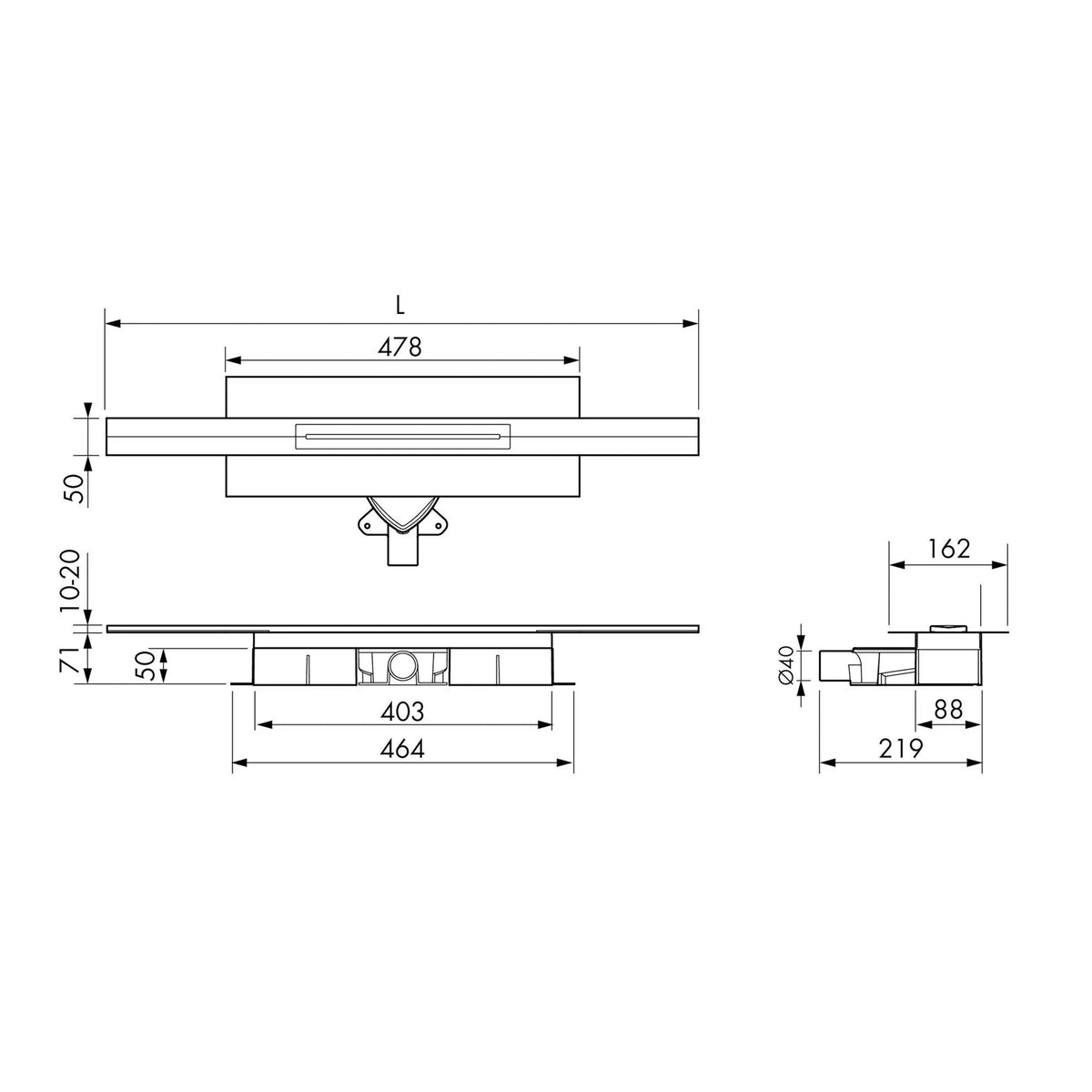 Zeichnung kürzbare Duschrinne für Boden, 71mm Einbauhöhe
#F005317
#F005318
#F005319
#F005323
#F005324
#F005325
#F005329
#F005330
#F005331