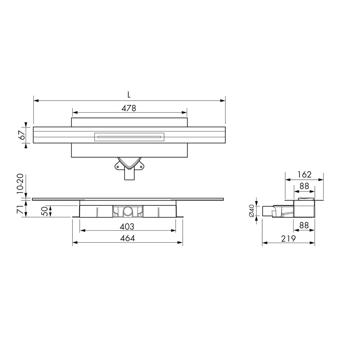 Zeichnung kürzbare Duschrinne für Wand, 71mm Einbauhöhe
#F005335
#F005336
#F005337
#F005341
#F005342
#F005343
#F005347
#F005348
#F005349